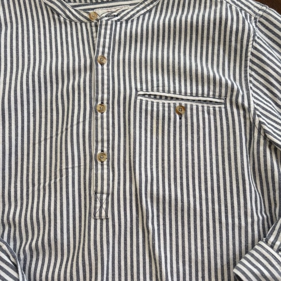 Madda Fella Castaway Striped Band Collar Shirt Mens L 100% Cotton Blue White - Picture 3 of 10